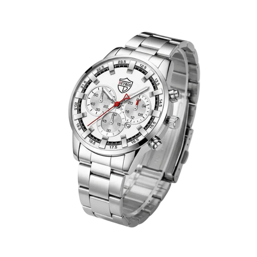 Set cadou Deyros Ceas + Bratara + Lant, pentru Barbati, Stainless-steel, Argintiu/Alb