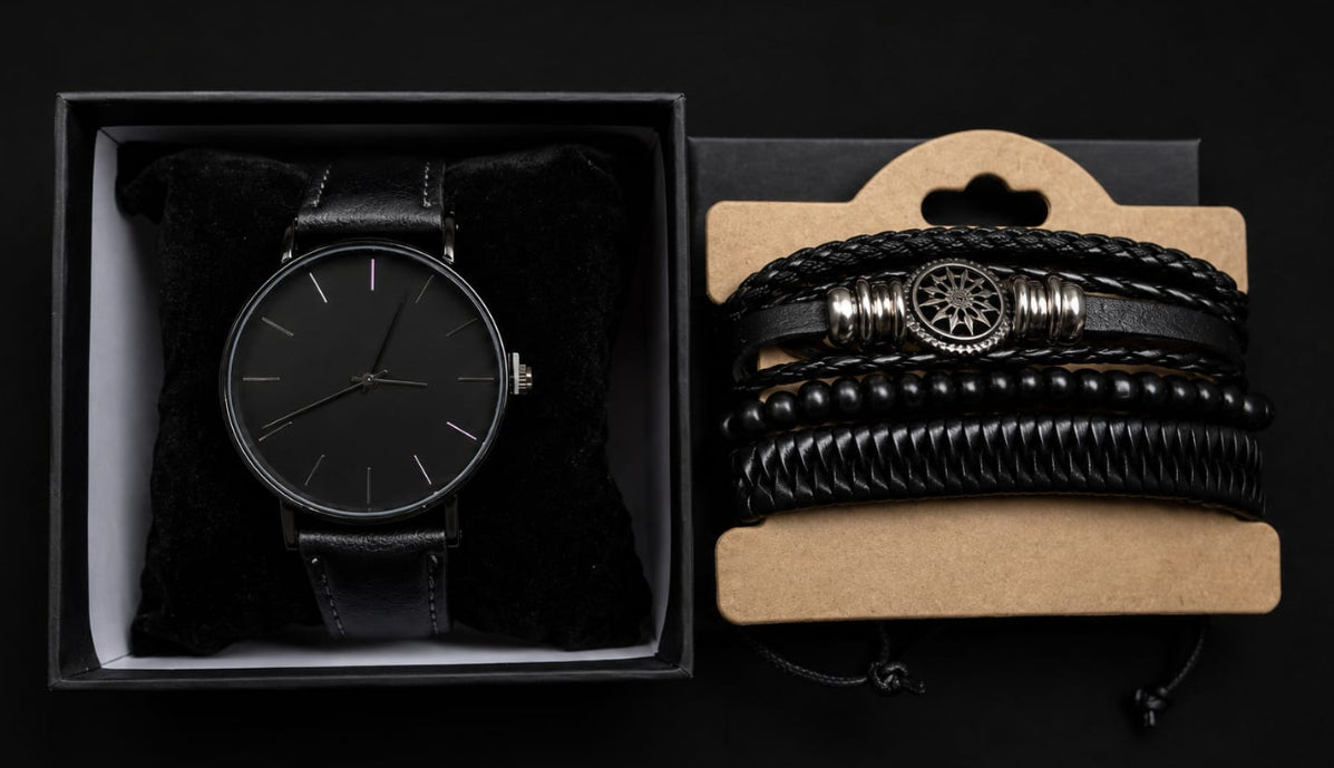 Set Cadou Norse Legacy, 5 Accesorii, Ceas + Bratari, Barbati, Urban, Leather look, Negru