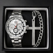Set cadou Deyros Ceas + Bratara + Lant, pentru Barbati, Stainless-steel, Argintiu/Alb
