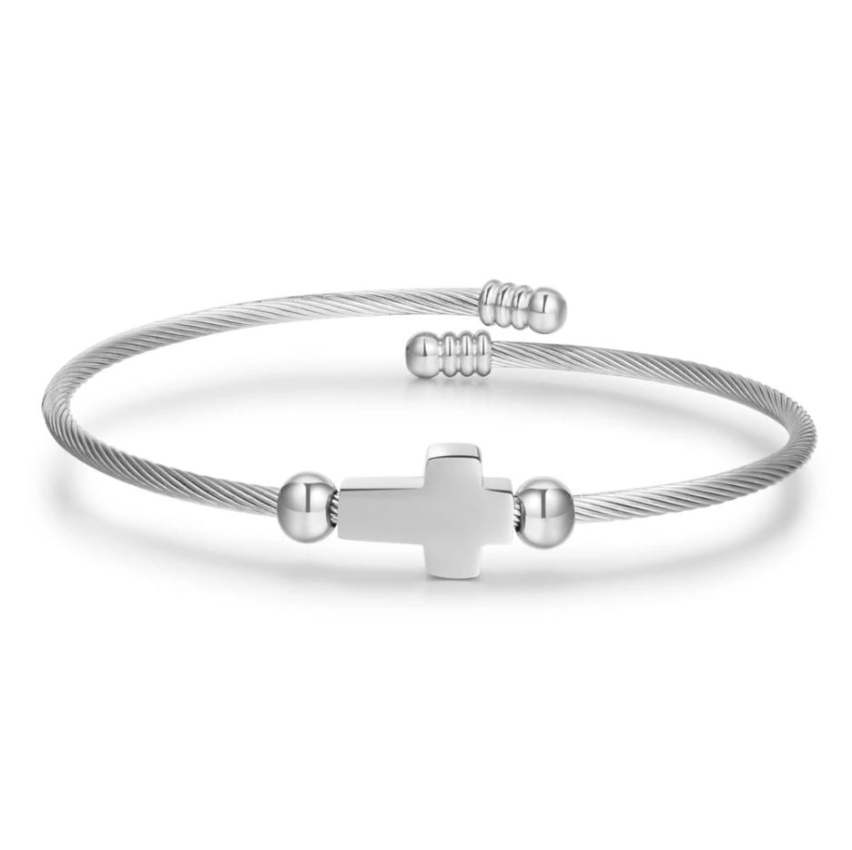 Bratara Cross pentru Barbati, Rigida, Stainless-Steel, Ajustabila, Argintiu