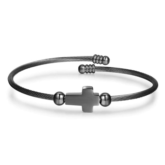 Bratara Cross pentru Barbati, Rigida, Stainless-Steel, Ajustabila, Negru