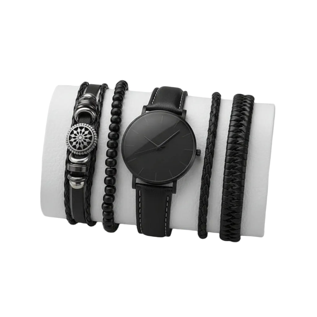 Set Cadou Norse Legacy, 5 Accesorii, Ceas + Bratari, Barbati, Urban, Leather look, Negru